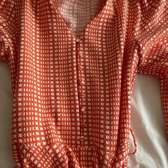 Stine Goya-NWOT “Farrow” Coral Plaid Long puff sleeve Waist Tie Flare Mini Dress - Picture 8 of 9